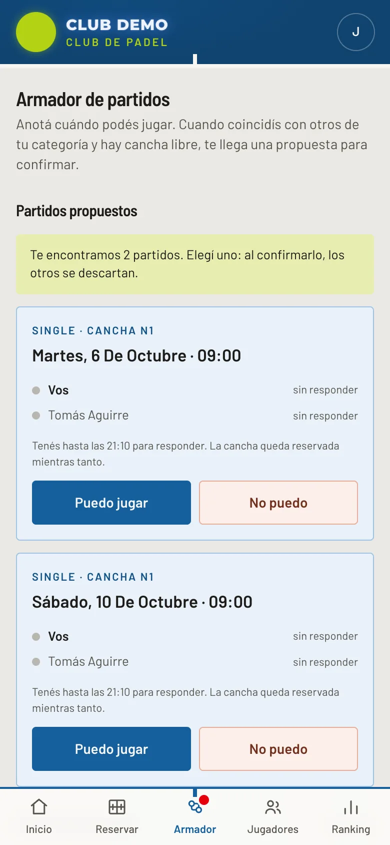 Pantalla del armador con dos partidos propuestos contra el mismo rival, martes y sábado, con los botones Puedo jugar y No puedo